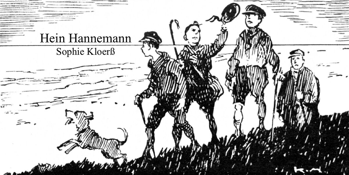 Zeichnung aus Hein Hannemann von Sophie Kloerß. Wanderung von Jungen mit Hund über eine Wiese.
